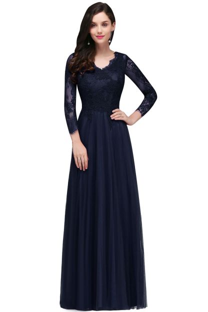 V-Neck Long-Sleeves Burgundy Floor-Length A-line Prom Dress UKes UK