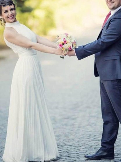 Floor-Length A-Line Sleeveless Halter Ruffles Tulle Wedding Dresses UK-27Dress.co.uk