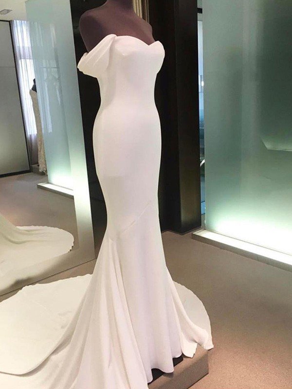 Short Sleeves Satin Sheath Court Train Off-the-Shoulder Wedding Dresses UK-27Dress.co.uk