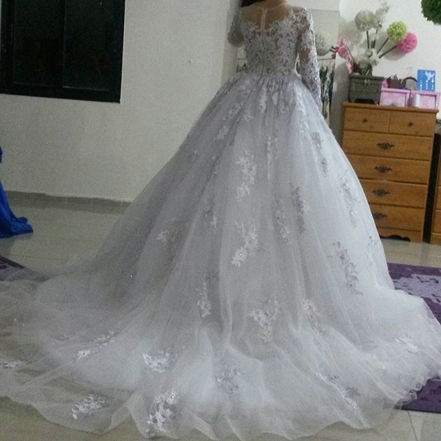 Elegant Illusion Tulle Lace Appliques Wedding Dress Long Sleeve Zipper