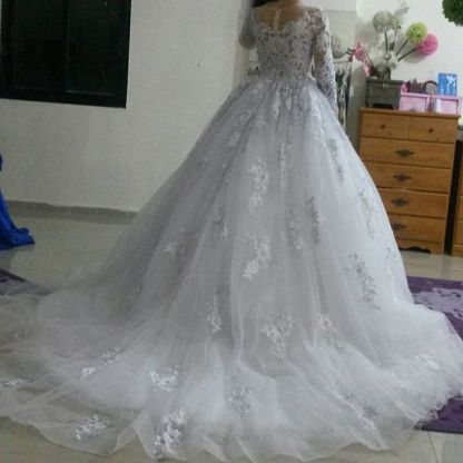 Elegant Illusion Tulle Lace Appliques Wedding Dress Long Sleeve Zipper