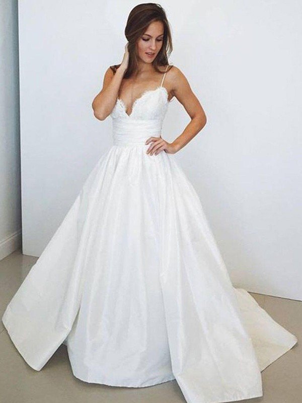 Sweep Train Ball Gown Sleeveless Ruched Satin Spaghetti Straps Wedding Dresses UK
