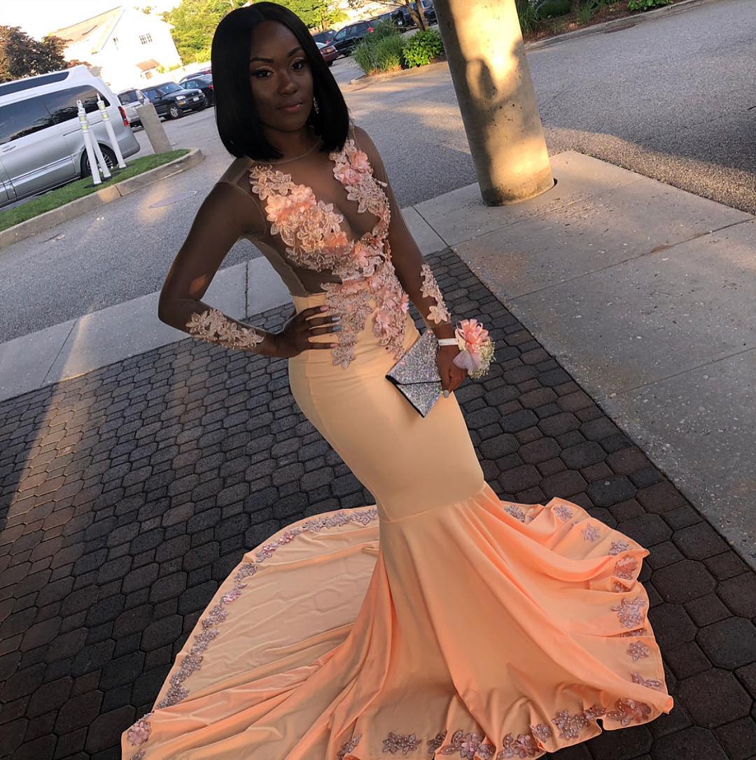 Orange Sheer Tulle Floral Lace Appliques Long-Sleeves Elegant Trumpt Prom Dress UKes UK UK