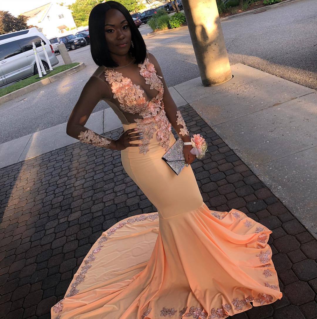 Orange Sheer Tulle Floral Lace Appliques Long-Sleeves Elegant Trumpt Prom Dress UKes UK UK