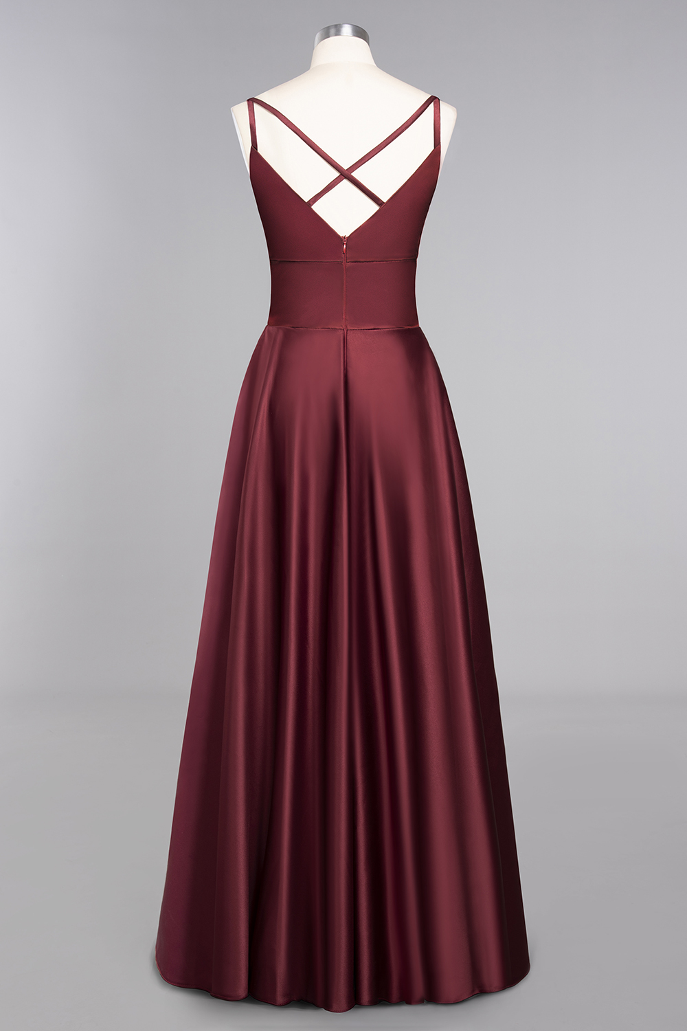 Spaghetti Straps Burgundy Satin Long Bridesmaid Dress Simple V-Neck Party Dress