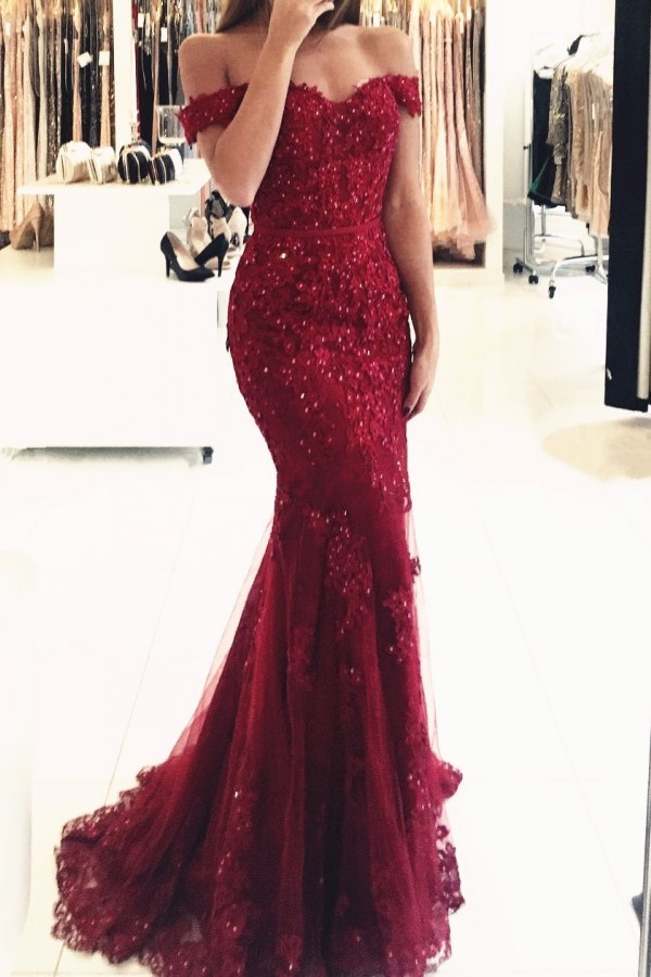Appliques Off-the-shoulder Red Lace Gorgeous Mermaid Evening Dress UK