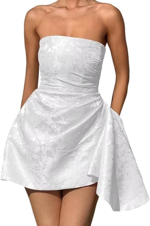 Strapless Ruched Satin Short Party Dress Sleeveless Knee Length Jacquard Homecoming Dress with Pocket