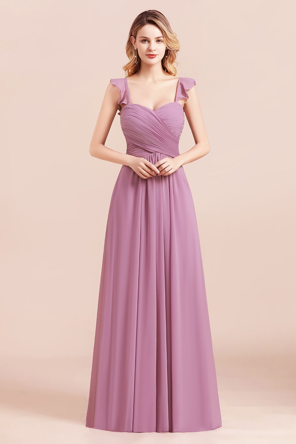 Sweetheart Wisteria Ruched Chiffon Bridesmaid Dresses with Straps