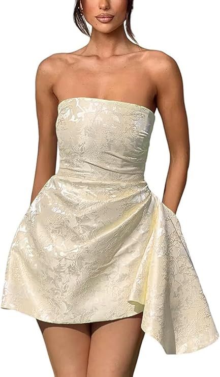 Strapless Ruched Satin Short Party Dress Sleeveless Knee Length Jacquard Homecoming Dress with Pocket