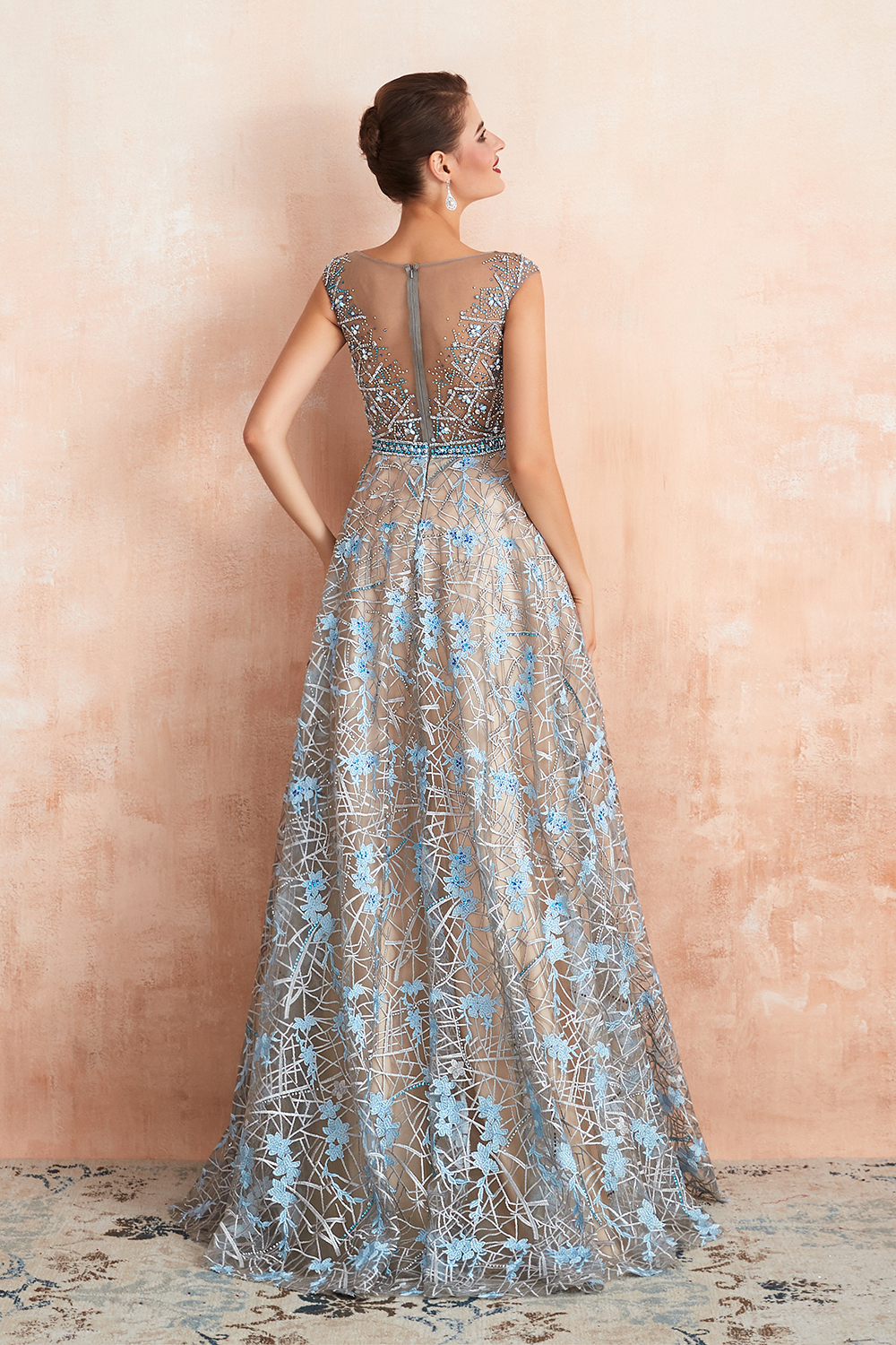 Charming Scoop Neck Cap Sleeves Flower Aline Evening Dress Beadings Floor Length Special Occasion Dress