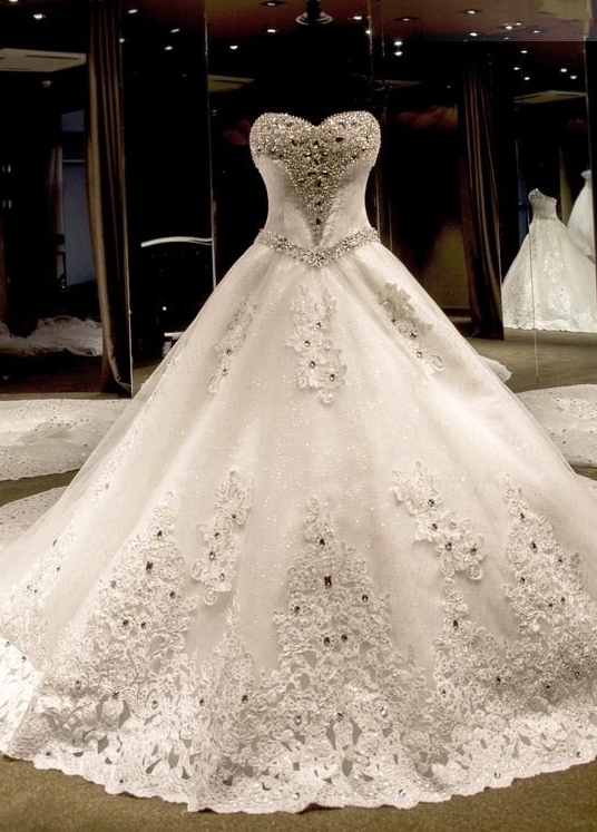 Glamorous Ball Gown Wedding Dresses UK Sweetheart Neck Crystals Lace-up Back Cathedral Train Bridal Gowns
