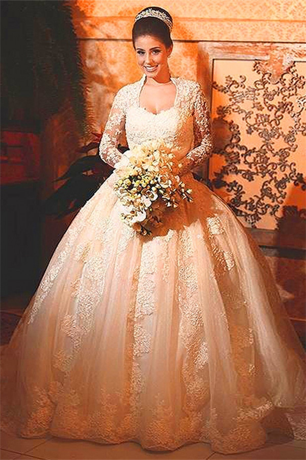Modern Lace Long Sleeve Wedding Dress Ball Gown Button Zipper Back
