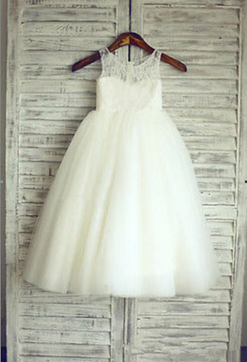 Lovely Lace Tulle Short Flower Girl Dress Illusion Sleeveless
