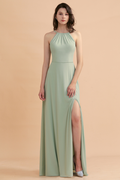 Chic Halter Chiffon Dusty Sage Bridesmaid Dress with Front Slit