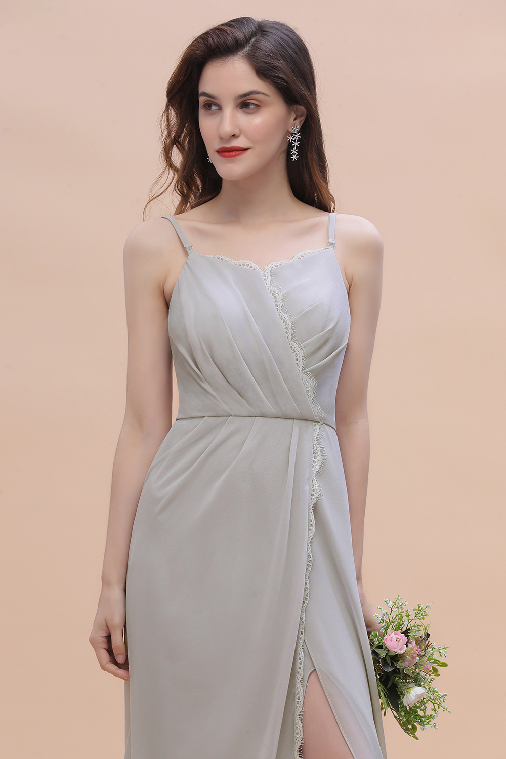 Spaghetti Straps Chiffon Lace Bridesmaid Dress Front Slit Wedding Guest Dress