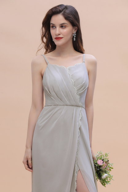 Spaghetti Straps Chiffon Lace Bridesmaid Dress Front Slit Wedding Guest Dress