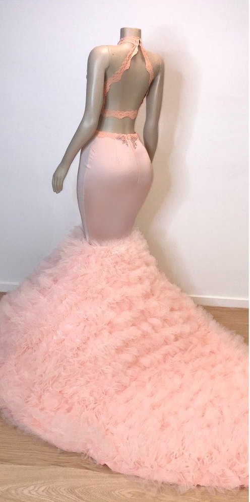 Sweet Pink Halter Sleeveless Elegant Trumpt Prom Dress UKes UK UK | Chic Open Back Lace Tulle Evening Dress UKes UK