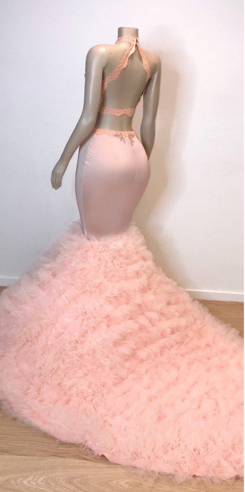Sweet Pink Halter Sleeveless Elegant Trumpt Prom Dress UKes UK UK | Chic Open Back Lace Tulle Evening Dress UKes UK