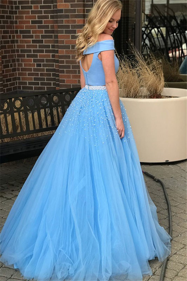 Sexy Blue Off -the-Shoulder Keyhole Prom Dress UKes UK Two Piece Crystal Elegant Evening Dress UKes UK with Beads