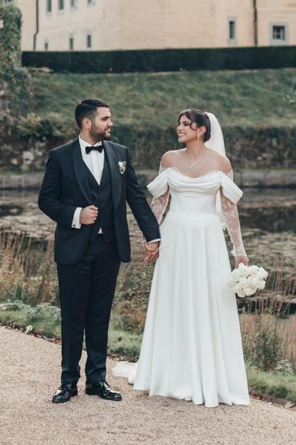 Off-Shoulder Long Sleeves A-Line High-Split Ruched Satin Wedding Dress Floor-Length Bridal Gown with Lace