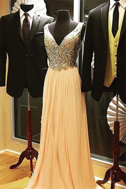 Elegant V-Neck Crystal Tulle Prom Dress UKes UK Sleeveless Popular Sexy Evening Dress UKes UK