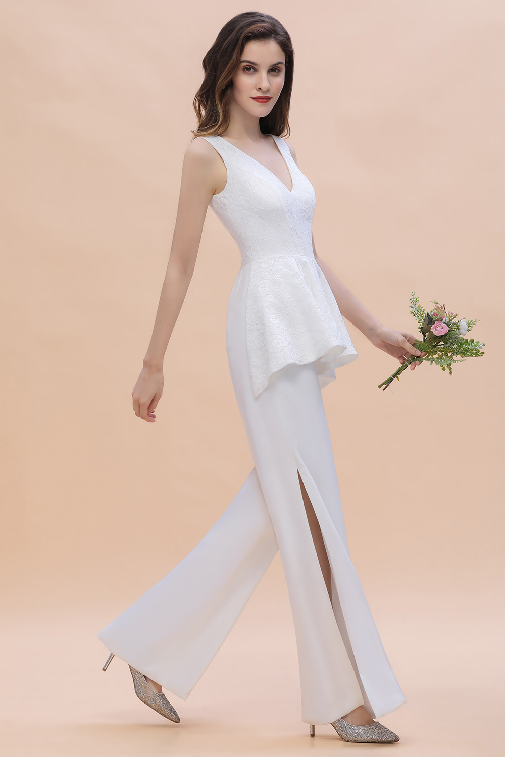 Simple V-neck Lace Bridesmaid Wear Jumpsuit with Side Slit