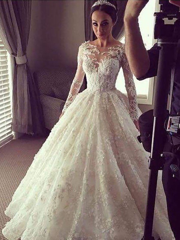 Scoop Neckline Lace Ball Gown Court Train Long Sleeves Wedding Dresses UK