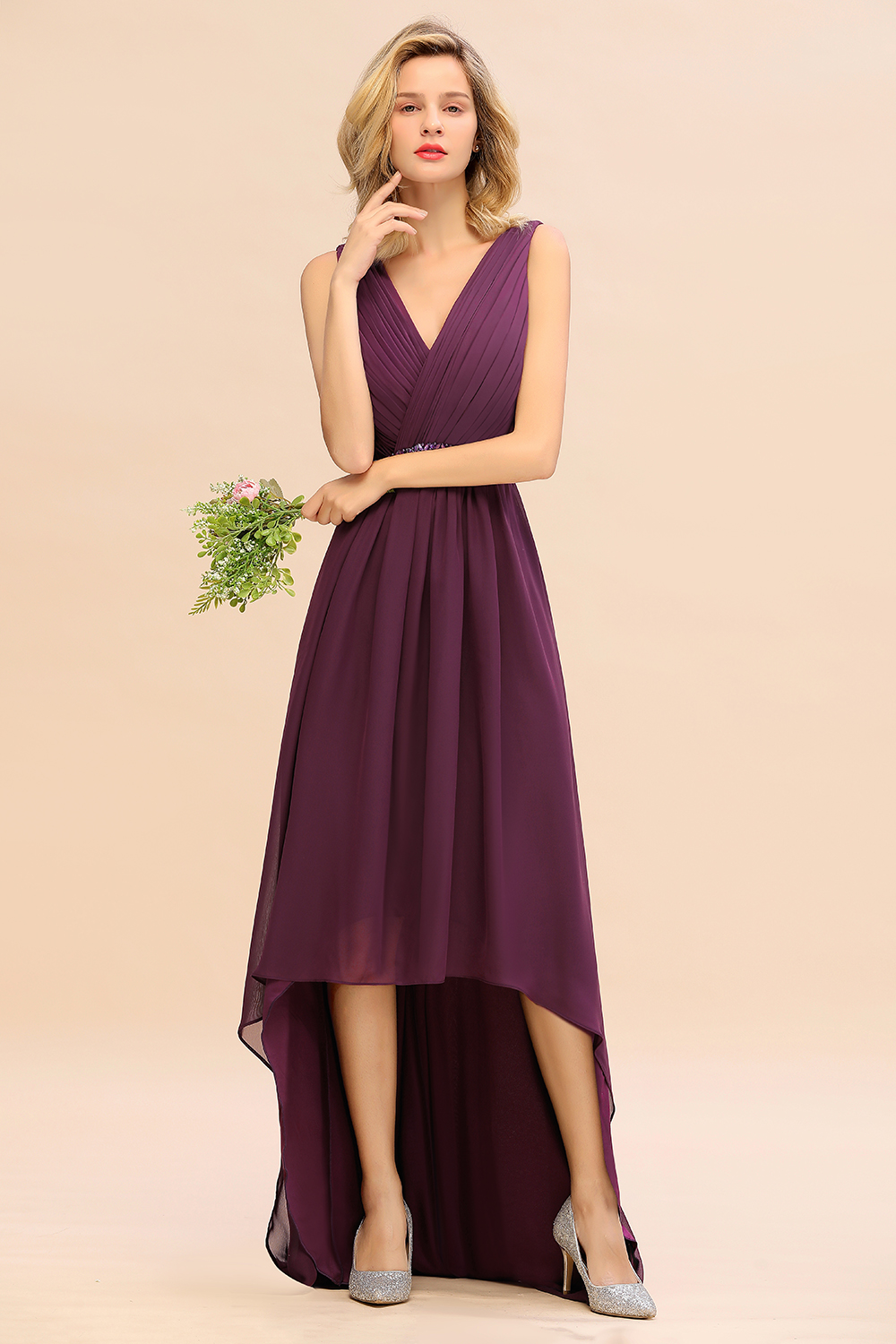 Elegant Grape Hi-Lo Chiffon Bridesmaid Dress with Beadings Sash