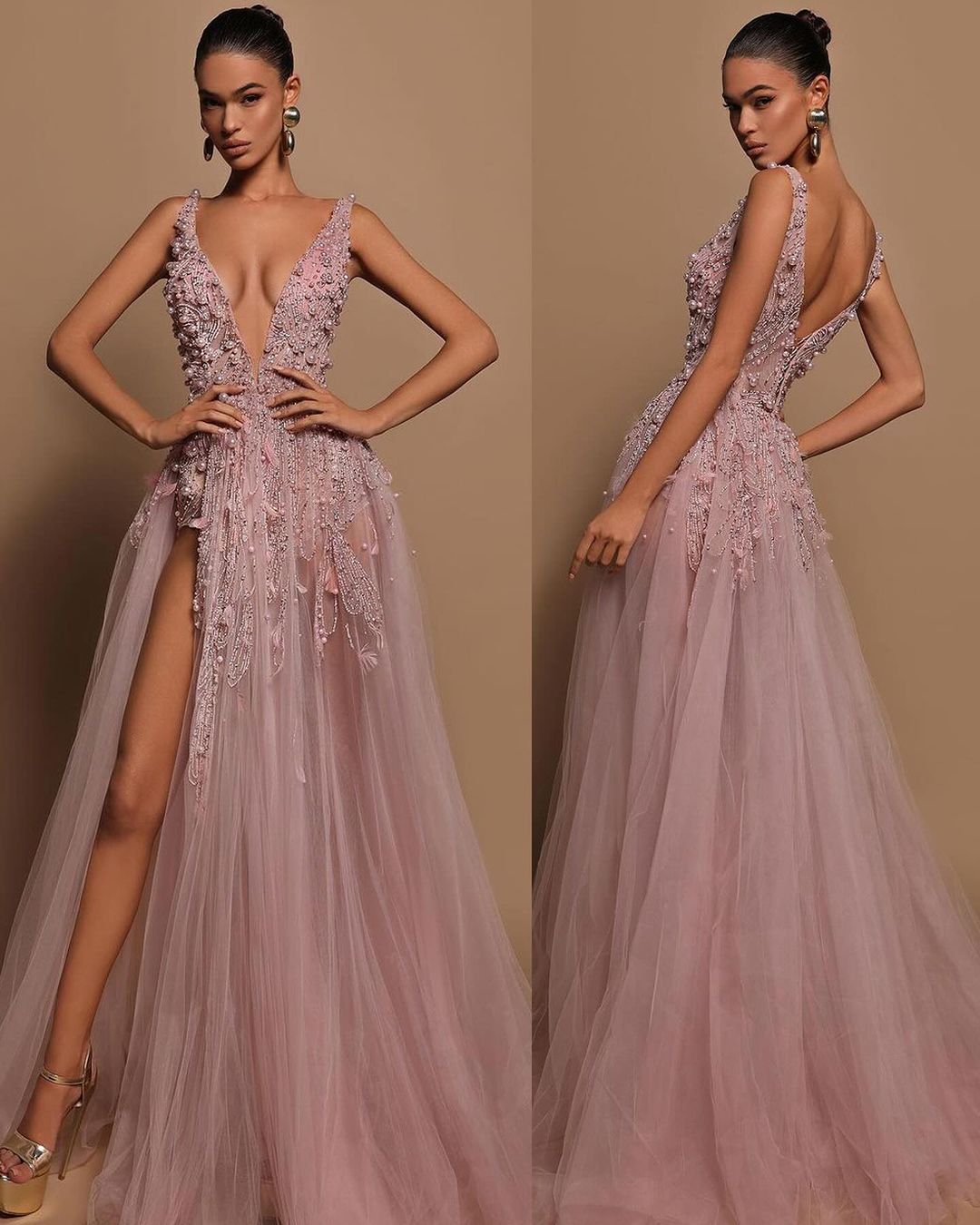 Gorgeous Tulle Straps V Neck Sleeveless High Split Prom Dress with Beadings
