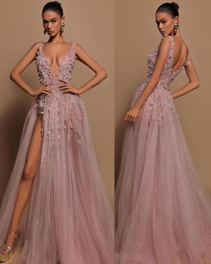 Gorgeous Tulle Straps V Neck Sleeveless High Split Prom Dress with Beadings
