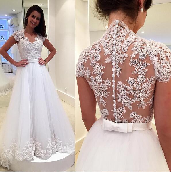 Dreamy Cap Sleeve Lace Wedding Dress Zipper Button Back Bridal Gowns