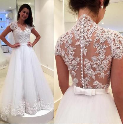 Dreamy Cap Sleeve Lace Wedding Dress Zipper Button Back Bridal Gowns