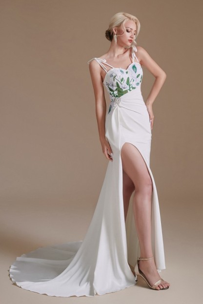 Spaghetti Straps Side Slit Wedding Dress with Leaves-27Dress.co.uk