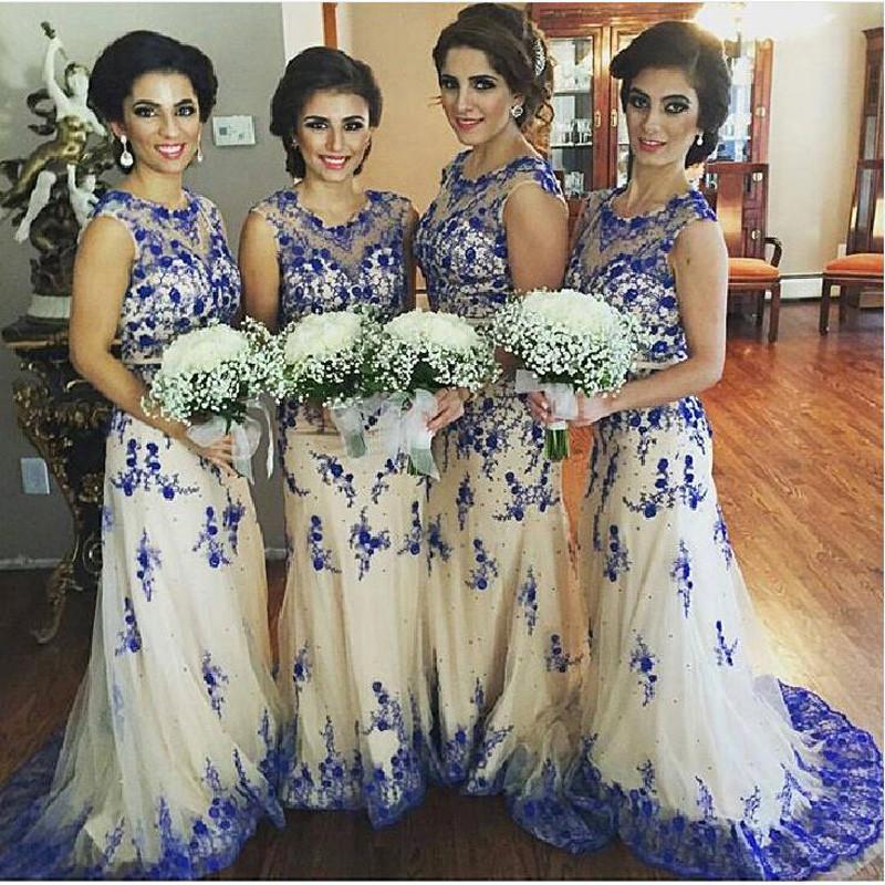 Lace Appliques Illusion Bridesmaid Dress UK Sweep Train