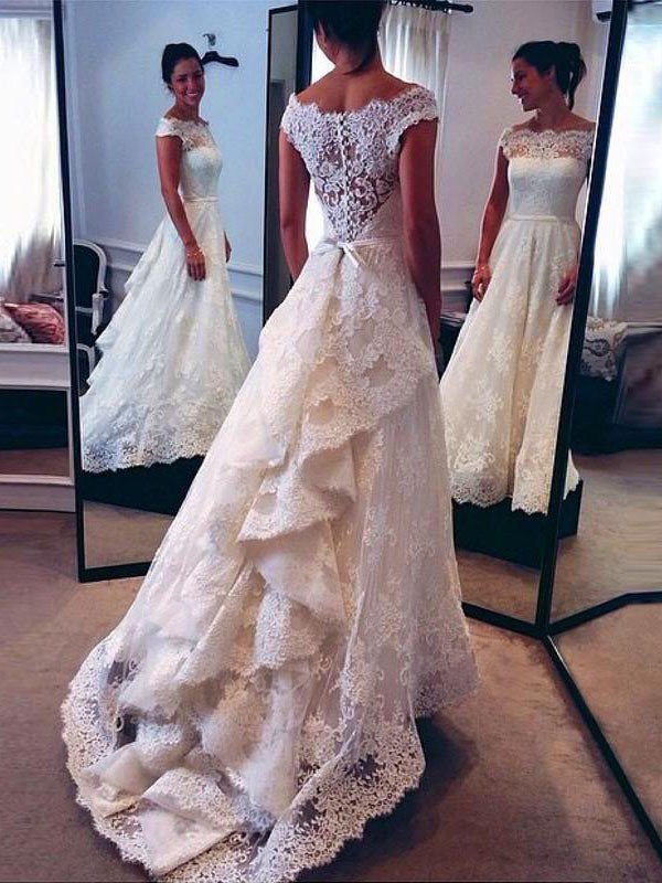 Lace Sleeveless A-Line Scoop Neckline Court Train Wedding Dresses UK