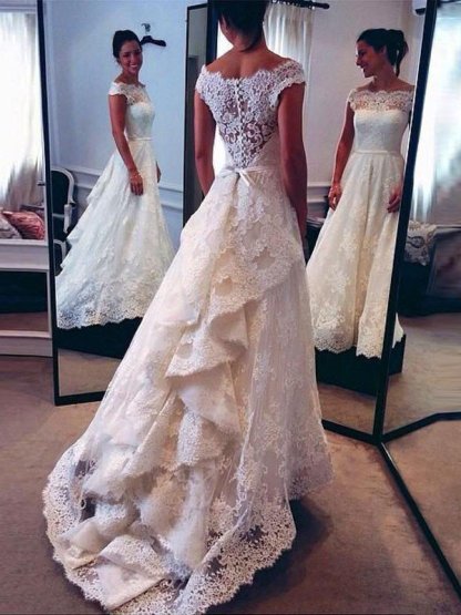 Lace Sleeveless A-Line Scoop Neckline Court Train Wedding Dresses UK