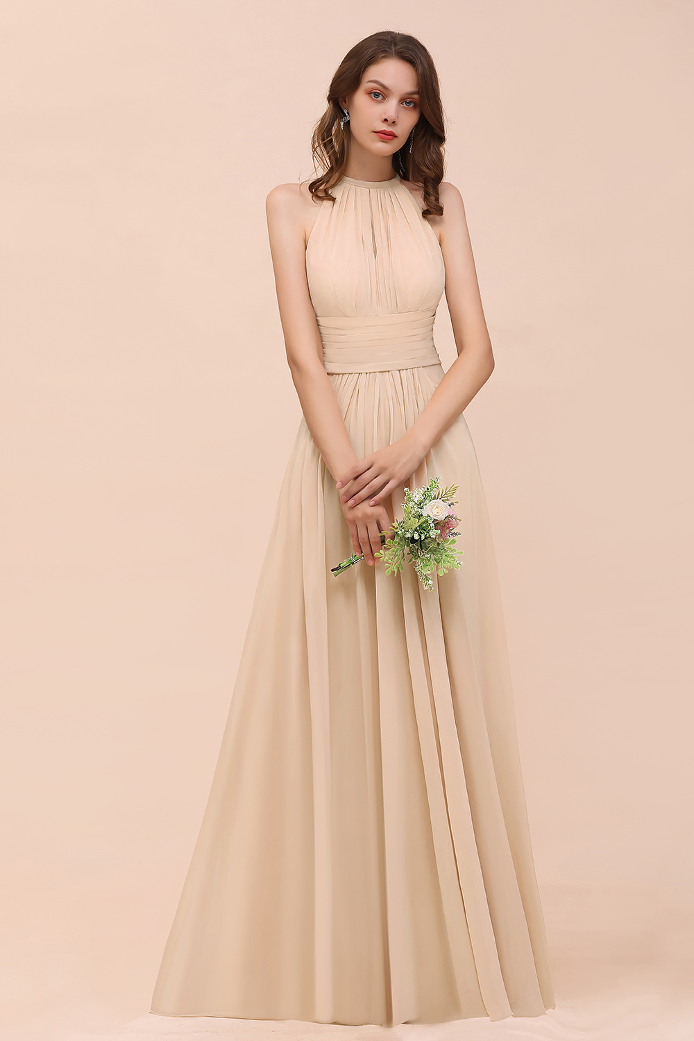 Halter Champagne Ruffle Chiffon Bridesmaid Dress A-line Wedding Guest Dress
