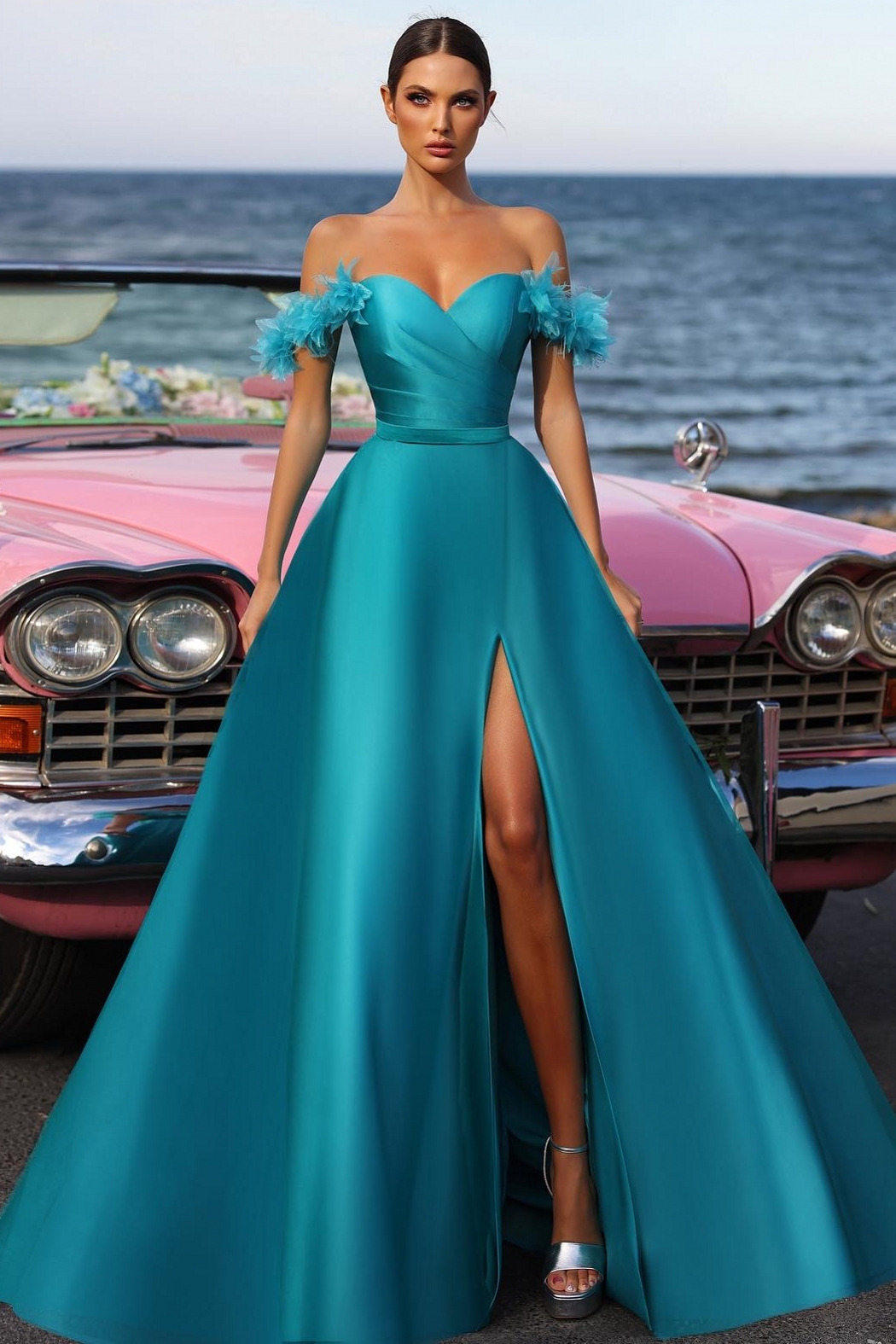 Off-the-shoulder Satin Feather Split Front A-Line Prom Dresses