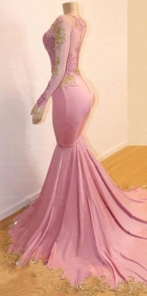 Sweet Pink Lace Appliques Long Sleeves Prom Dress UKes UK UK | Luxury Elegant Trumpt Evening Dress UKes UK