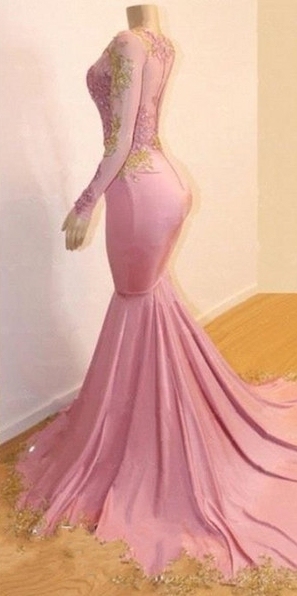 Sweet Pink Lace Appliques Long Sleeves Prom Dress UKes UK UK | Luxury Elegant Trumpt Evening Dress UKes UK