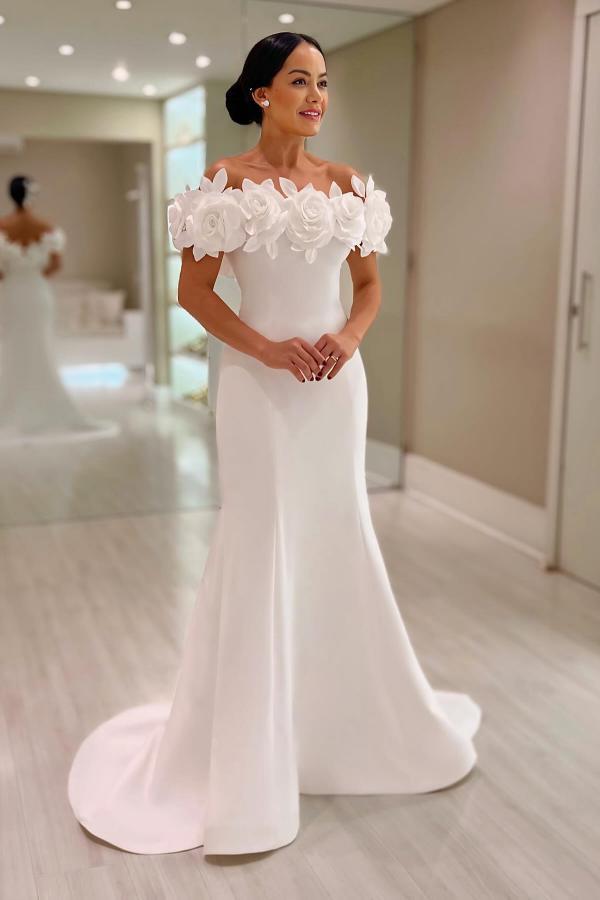 Elegant Mermaid Satin Wedding Dresses Off the Shoulder White Bridal Gowns with Flowers