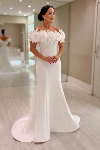 Elegant Mermaid Satin Wedding Dresses Off the Shoulder White Bridal Gowns with Flowers