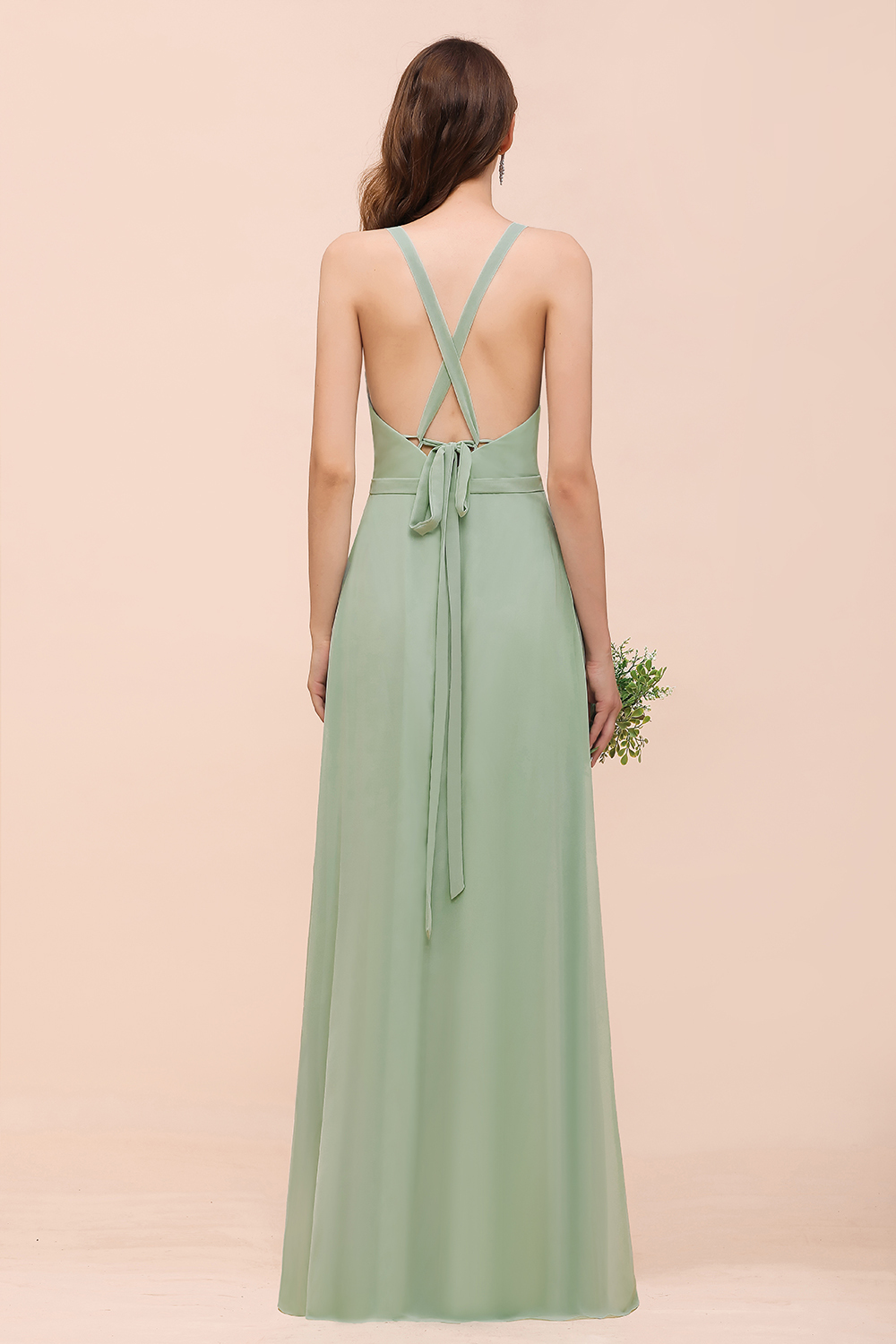 Dusty Sage V-Neck Bridesmaid Dress Glamorous Chiffon Long Wedding Guest Dress with Straps