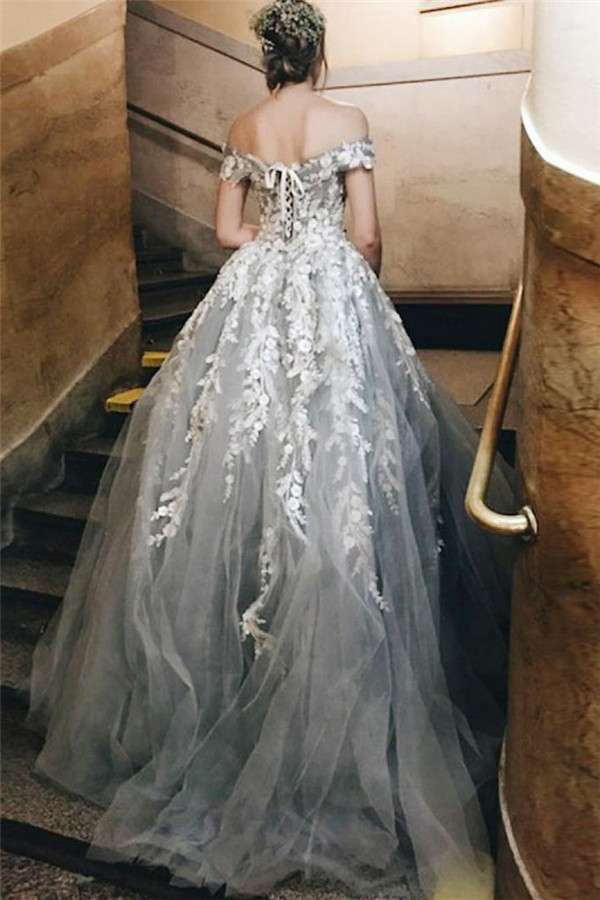 Lace Appliques Off-the-Shoulder Prom Dress UKes UK Lace up Ball Gown Sleeveless Evening Dress UKes UK