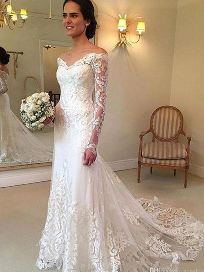 Court Train Applique Lace Sexy Mermaid Long Sleeves Off-the-Shoulder Wedding Dresses UK