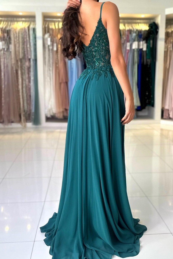 Elegant V-Neck Chiffon Aline Evening Dress Dark Green Side Slit Formal Dress with Straps