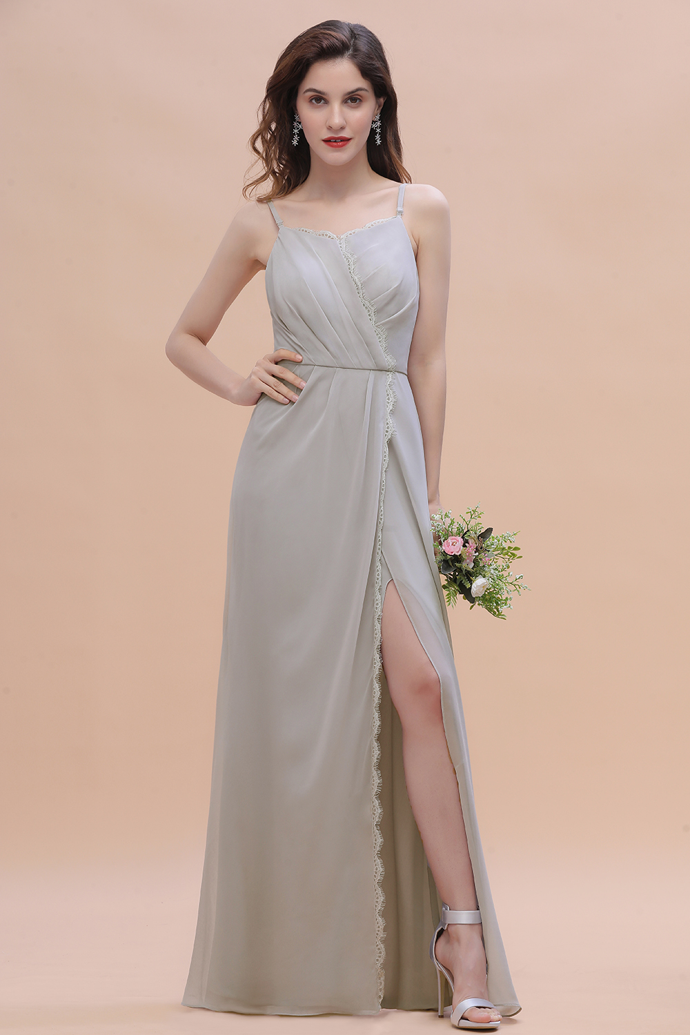 Spaghetti Straps Chiffon Lace Bridesmaid Dress Front Slit Wedding Guest Dress
