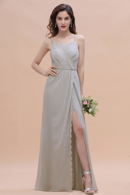 Spaghetti Straps Chiffon Lace Bridesmaid Dress Front Slit Wedding Guest Dress