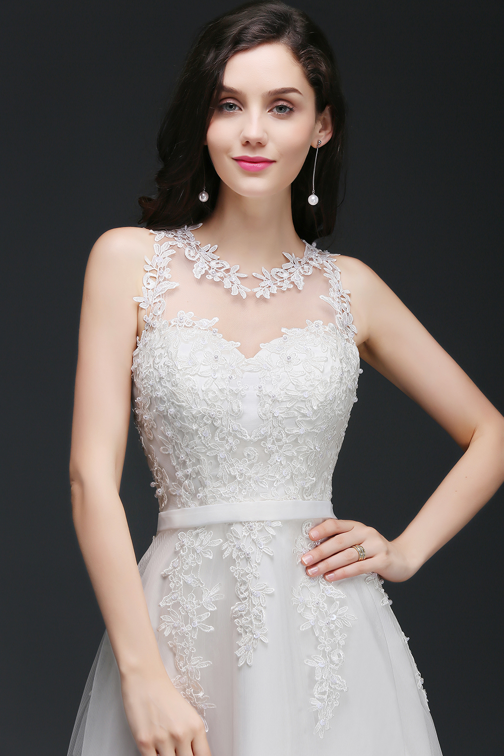 AMARI | A-Line Jewel Floor Length Tulle Wedding Dresses with Lace