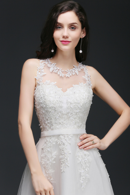 AMARI | A-Line Jewel Floor Length Tulle Wedding Dresses with Lace